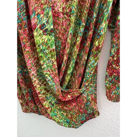 Anne Klein Womens Faux Wrap Blouse L Multicolor 3/4 Sleeve Abstract Peacock Work - Picture 2 of 15